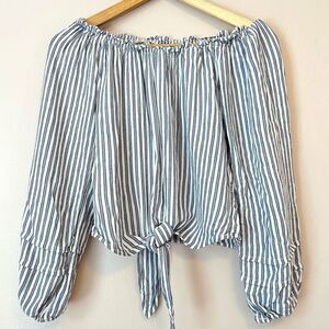 Hollister Y2K Off the Shoulder Striped Peasant Top Tie Front Small Festival Blue